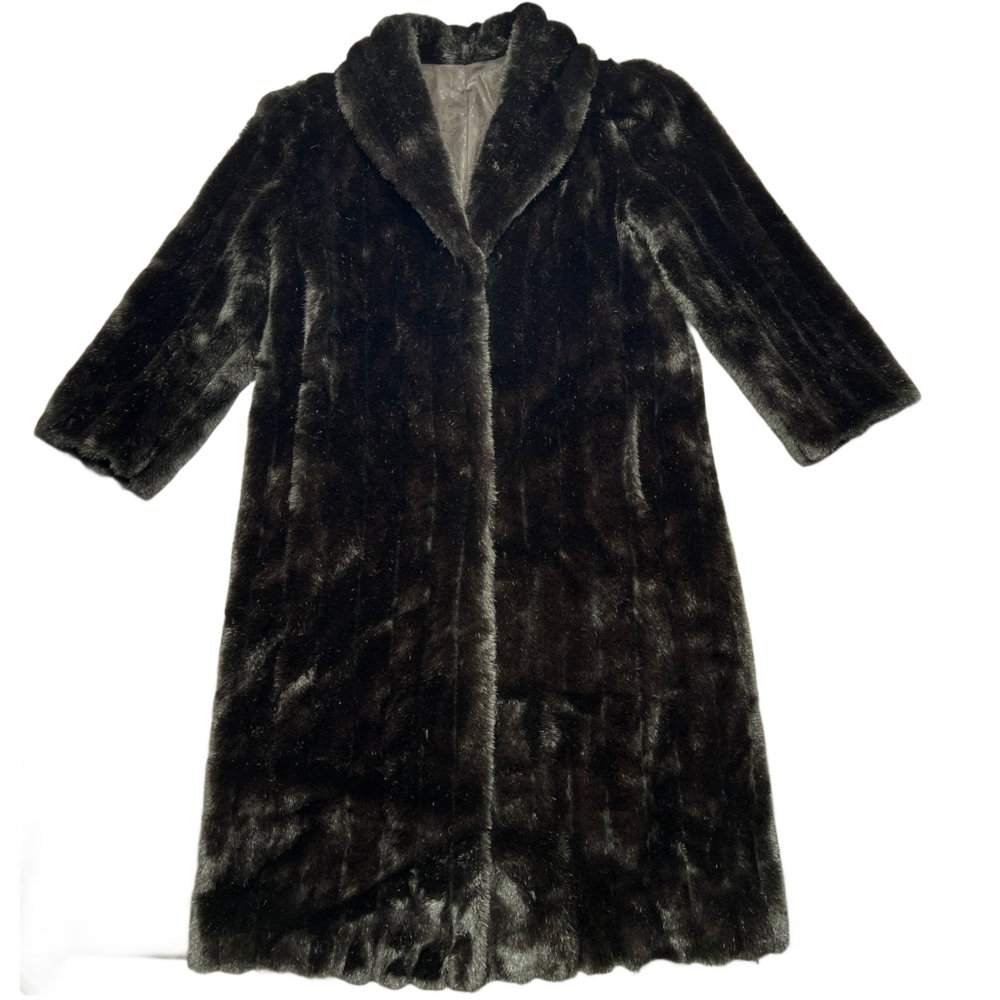 Vintage Faux Fur Coat Womens Medium Dark Brown Shawl Collar Mob Wife USA